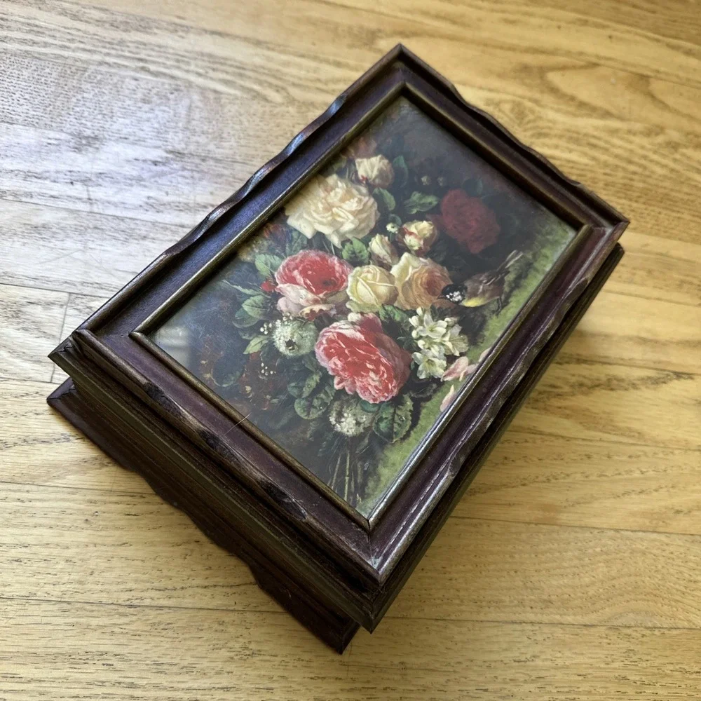 Vintage 1940s Wooden Trinket Jewelry Stationary Box W Mirror Floral Design